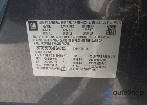 2015 GMC Sierra 1500 Sle z USA, uszkodzony, nr VIN 3GTU2UEC4FG403280